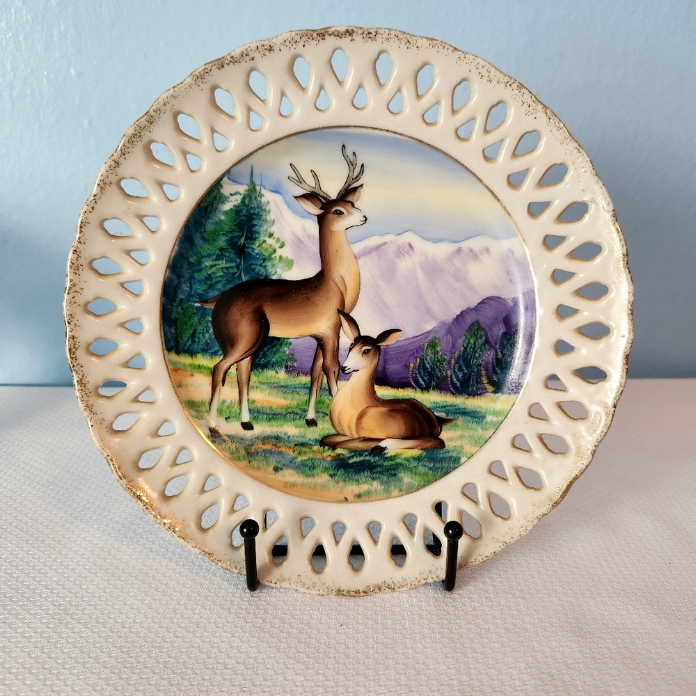 Vintage Enesco Hand Painted Deer Lattice Plate 60s Ribbon Colorful MCM Buck Doe